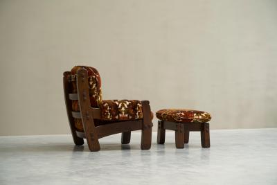 Brutalist Lounge Chair in Solid Oak and Velvet 1960s
