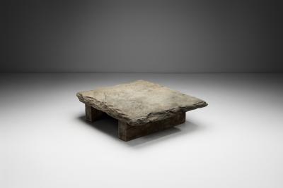 Brutalist Low Coffee Table in Slate Stone and Pine Spain 1960s