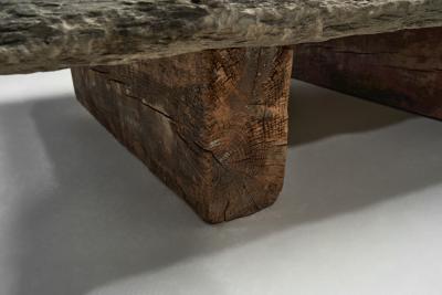 Brutalist Low Coffee Table in Slate Stone and Pine Spain 1960s