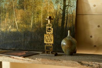Brutalist Mid Century Candle Holder in Patinated Brass