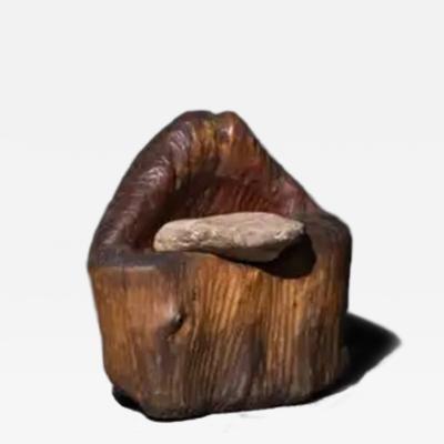 Brutalist Monoxyle Stool with Sculpted Stone Seat France 1970s