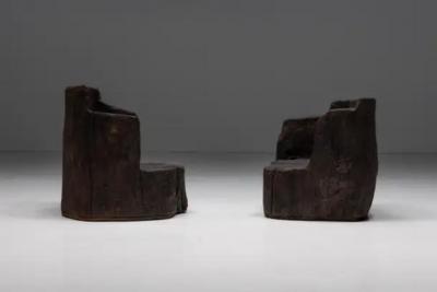 Brutalist Monoxylite Armchairs France 1980s