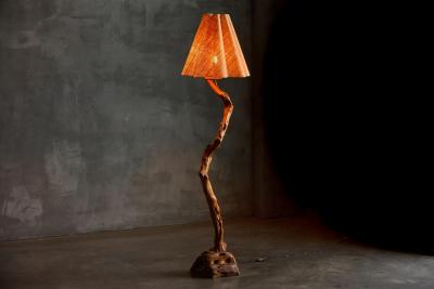 Brutalist Organic Wood Floor Lamp France 1970s