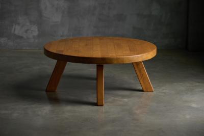 Brutalist Round Coffee Table in Solid Wood France 1960s