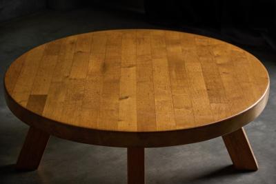 Brutalist Round Coffee Table in Solid Wood France 1960s