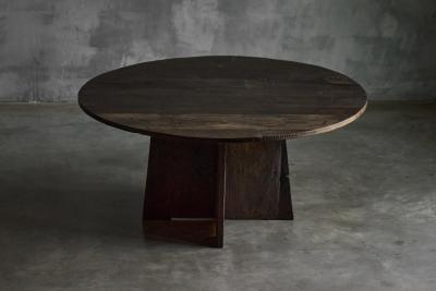 Brutalist Round Dining Table in Reclaimed Wood France 20th Century
