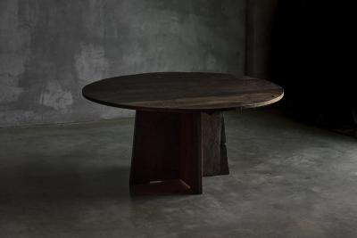 Brutalist Round Dining Table in Reclaimed Wood France 20th Century