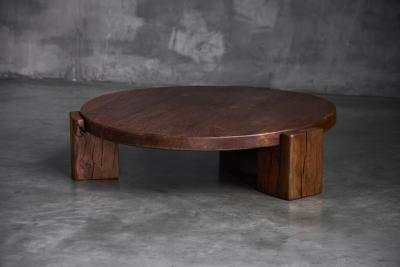 Brutalist Round Oak Coffee Table Mid 20th Century