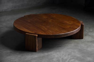 Brutalist Round Oak Coffee Table Mid 20th Century