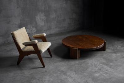 Brutalist Round Oak Coffee Table Mid 20th Century