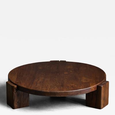 Brutalist Round Oak Coffee Table Mid 20th Century
