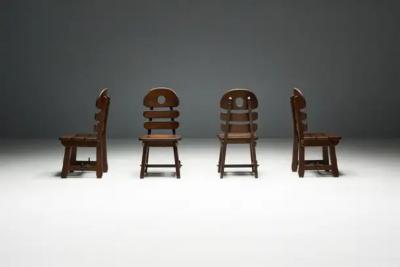 Brutalist Rustic Alpine Dining Chairs in Stained Oak Spain 1970s