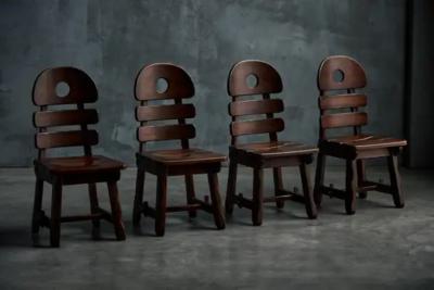 Brutalist Rustic Alpine Dining Chairs in Stained Oak Spain 1970s