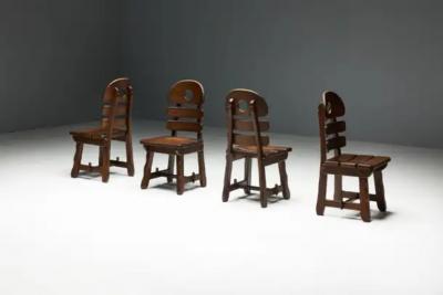 Brutalist Rustic Alpine Dining Chairs in Stained Oak Spain 1970s