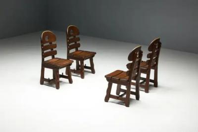 Brutalist Rustic Alpine Dining Chairs in Stained Oak Spain 1970s