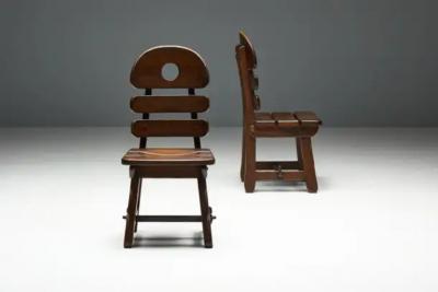 Brutalist Rustic Alpine Dining Chairs in Stained Oak Spain 1970s