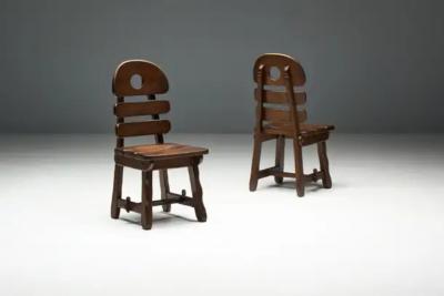 Brutalist Rustic Alpine Dining Chairs in Stained Oak Spain 1970s