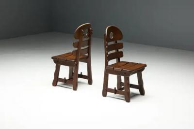 Brutalist Rustic Alpine Dining Chairs in Stained Oak Spain 1970s