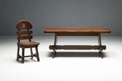 Brutalist Rustic Alpine Dining Table in Stained Oak Spain 1970s