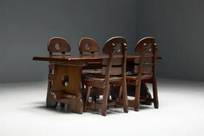 Brutalist Rustic Alpine Dining Table in Stained Oak Spain 1970s