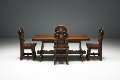 Brutalist Rustic Alpine Dining Table in Stained Oak Spain 1970s