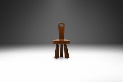 Brutalist Solid Wood Low Tripod Chair France 1960s