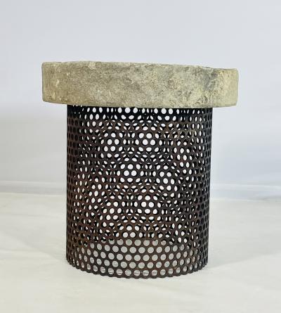 Brutalist Style End Table With Pierced Steel Base Soapstone Top