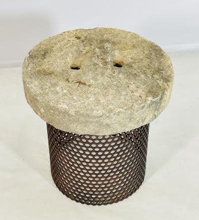 Brutalist Style End Table With Pierced Steel Base Soapstone Top
