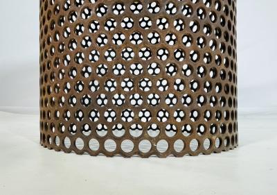 Brutalist Style End Table With Pierced Steel Base Soapstone Top