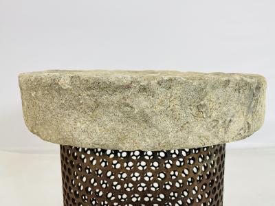 Brutalist Style End Table With Pierced Steel Base Soapstone Top