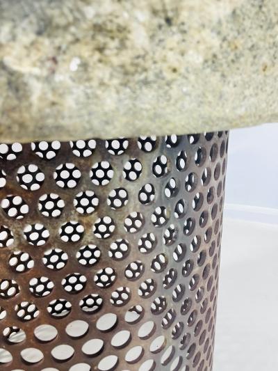 Brutalist Style End Table With Pierced Steel Base Soapstone Top