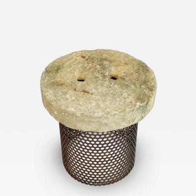 Brutalist Style End Table With Pierced Steel Base Soapstone Top