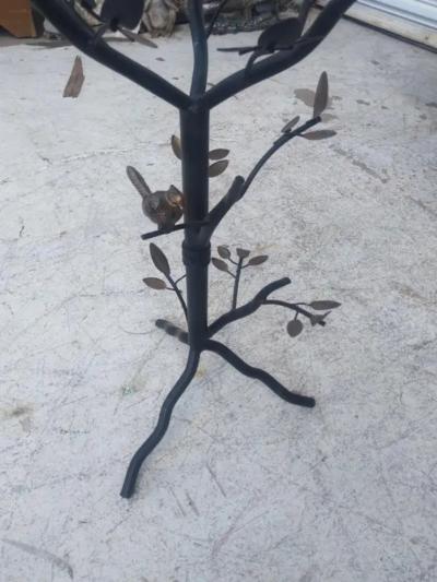 Brutalist Style Metal Tree with Birds Side Table with Glass Top