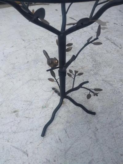 Brutalist Style Metal Tree with Birds Side Table with Glass Top