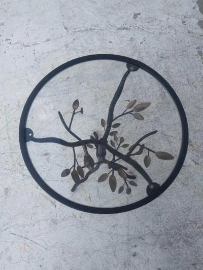 Brutalist Style Metal Tree with Birds Side Table with Glass Top