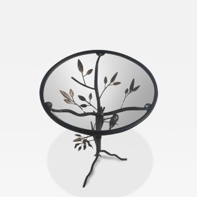 Brutalist Style Metal Tree with Birds Side Table with Glass Top