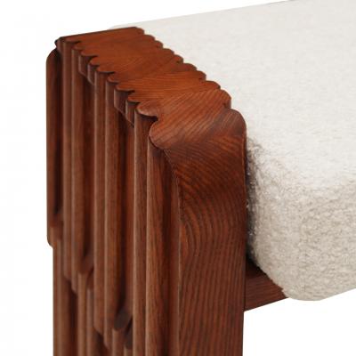 Brutalist Style Sculptural Oak Supports and Ivory Boucl Upholstery Bench Italy