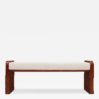 Brutalist Style Sculptural Oak Supports and Ivory Boucl Upholstery Bench Italy
