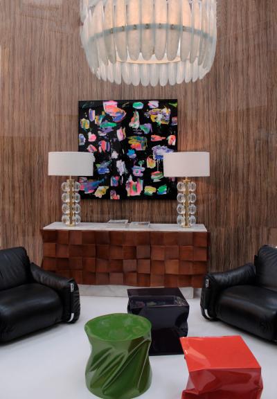 Brutalist Style Sideboard In Solid Wood and Siena Marble
