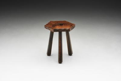 Brutalist Wooden Tripod Stool with Carved Heart Detail Spain 1960s