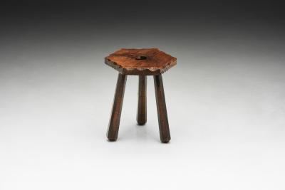 Brutalist Wooden Tripod Stool with Carved Heart Detail Spain 1960s