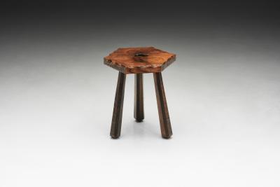 Brutalist Wooden Tripod Stool with Carved Heart Detail Spain 1960s
