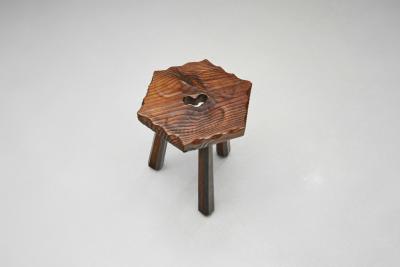 Brutalist Wooden Tripod Stool with Carved Heart Detail Spain 1960s