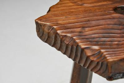 Brutalist Wooden Tripod Stool with Carved Heart Detail Spain 1960s