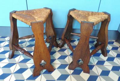 Brutalist stackable pair of French Alp rush and oak stools