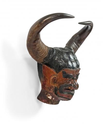 Burmese Carved Grotesque Horned Figure Wall Plaque