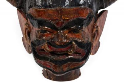 Burmese Carved Grotesque Horned Figure Wall Plaque