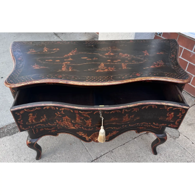 Burton Ching Louis XVI Style Black Gold Chinoiserie Commode