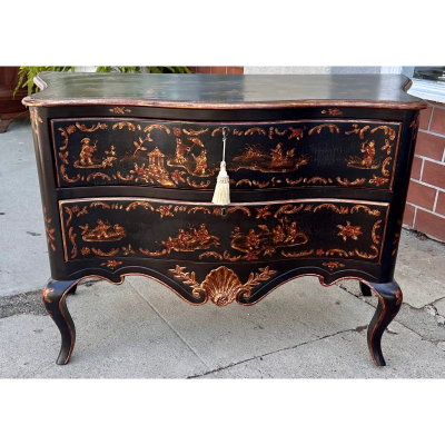 Burton Ching Louis XVI Style Black Gold Chinoiserie Commode