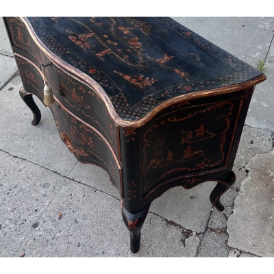 Burton Ching Louis XVI Style Black Gold Chinoiserie Commode